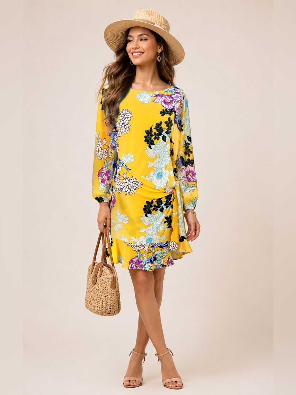 BEIGE by ECI Yellow floral dress w/bell sleeves sz Large